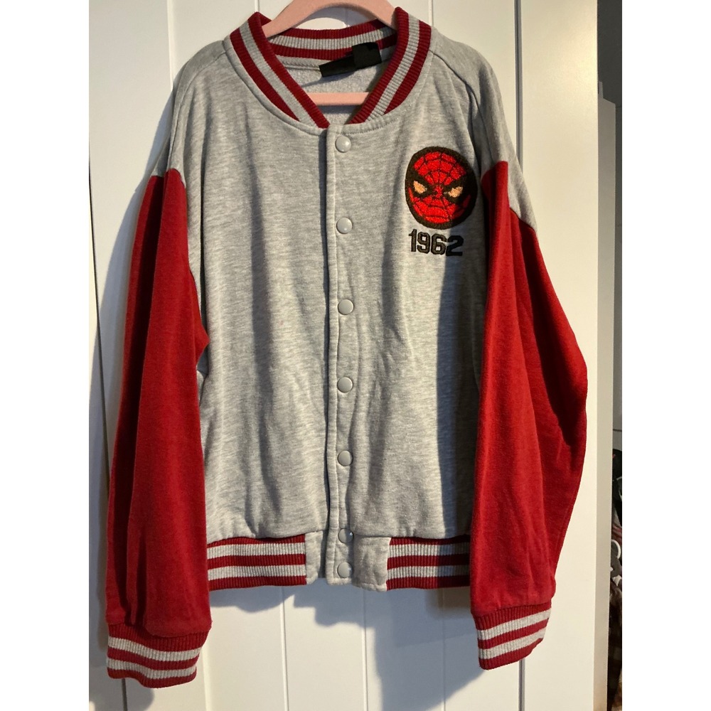 Marvel Spider-Man Boys Varsity Jacket Grey Red Snap Front Size 10/12 Medium